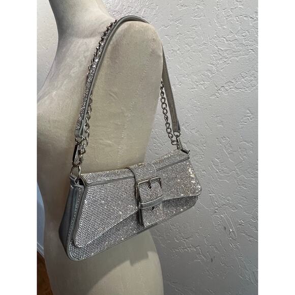 Silver Glitter Baguette Shoulder Bag Chain Strap Evening Party Purse - Picture 10 of 10